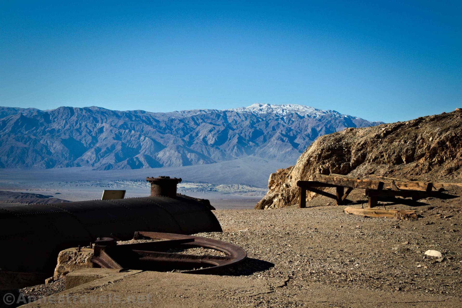 Views to snowy mountains from the Keane Wonder Mill, Death Valley National Park, California